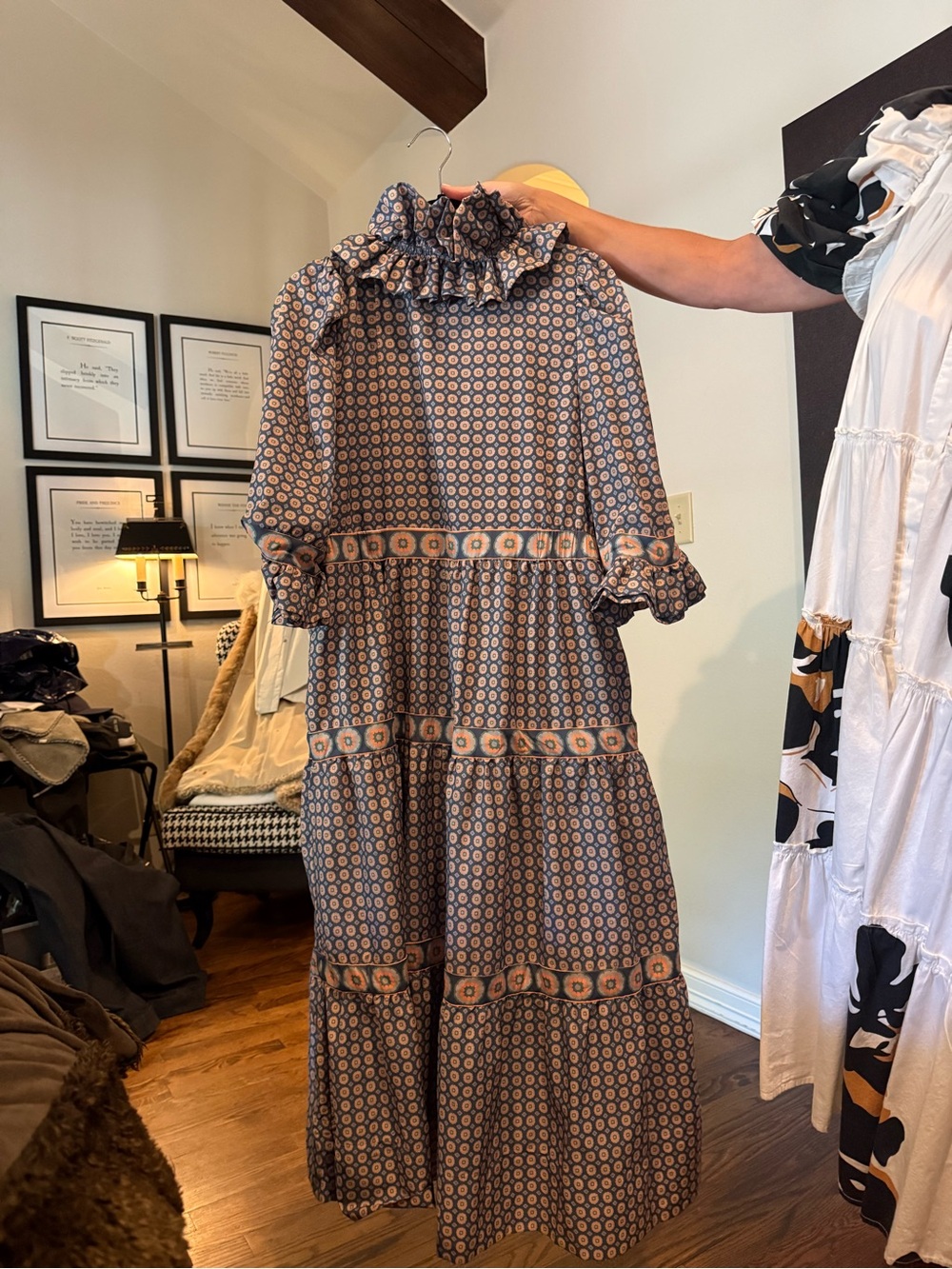 Gretchen Scott Designs Navy and Orange Tiered Maxi Dress with Ruffle V-Neck - Picture 2 of 5